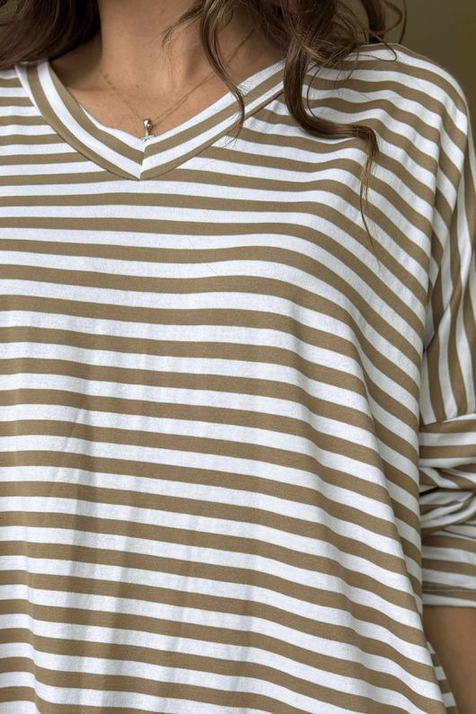 Made in Italy Perfect Breton V Long Sleeve Top Camel - **